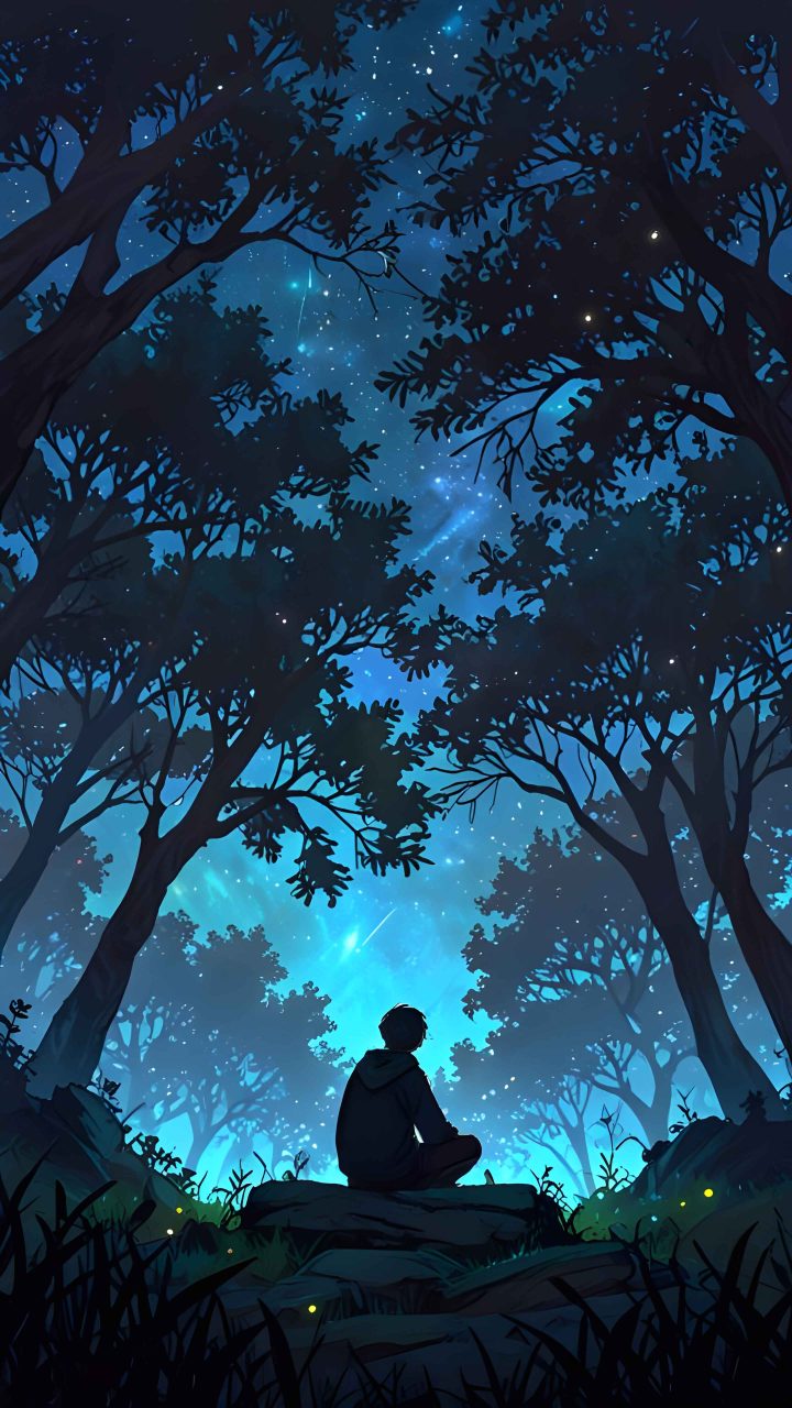 Anime boy alone wallpaper 4K in blue night forest sky