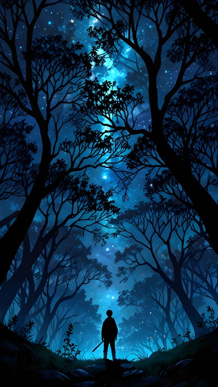 Anime boy night forest wallpaper 4K under blue night sky