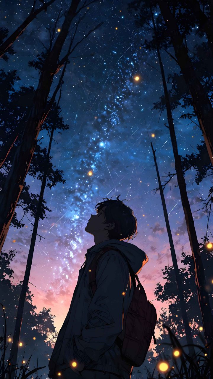 Anime boy looking up wallpaper 4K at the night sky