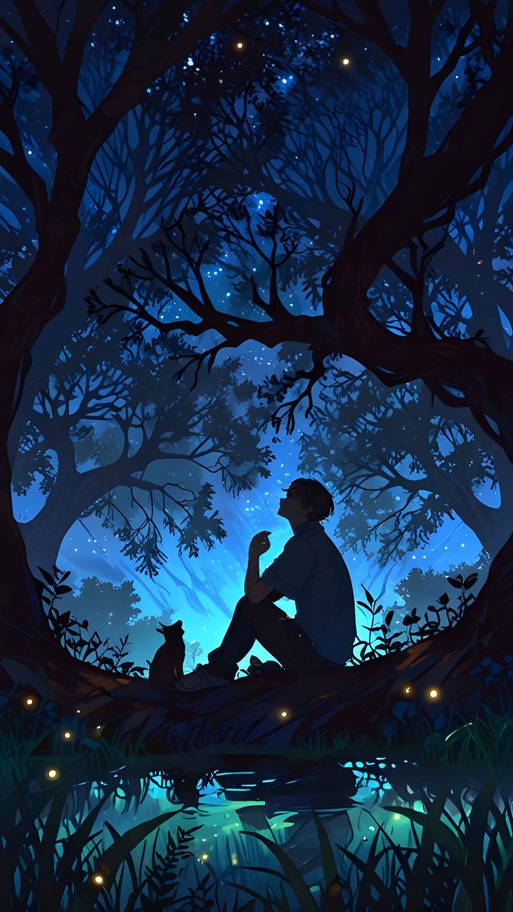 Anime boy with cat wallpaper 4K sitting peacefully