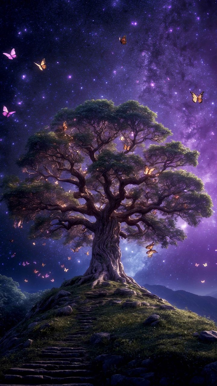 Ancient twisted tree under glowing night sky