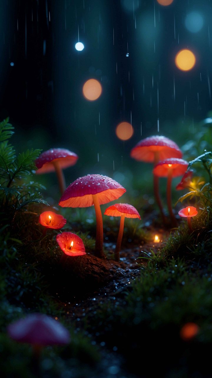 Glowing mushrooms in magical nighttime forest