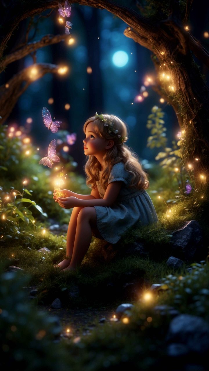 Young girl sitting quietly in a mystical forest with fireflies