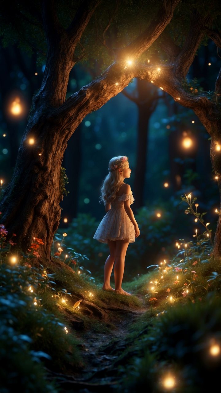 AI fantasy girl standing alone in forest