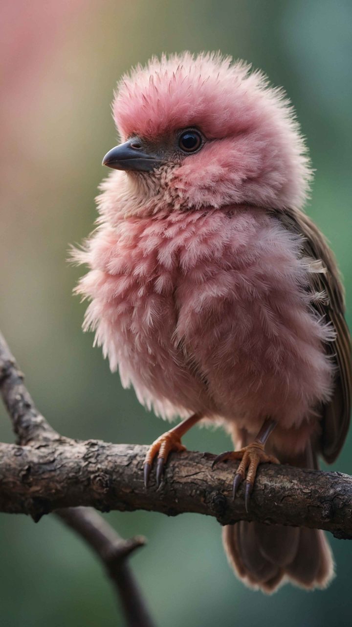 Fluffy pink bird perched on a branch in high detail