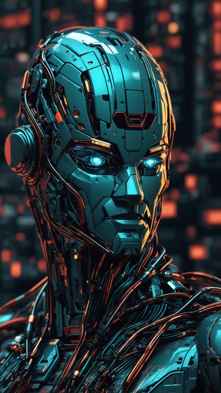 AI cyborg robot wallpaper 4K featuring a futuristic cyber-enhanced humanoid in a digital environment, perfect for sci-fi fans and mobile screens