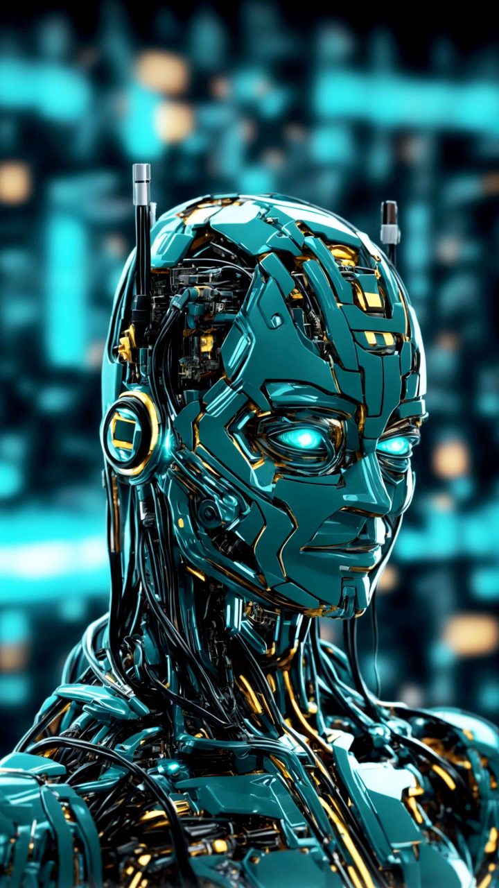 AI cyberpunk cyborg wallpaper 4K showcasing a futuristic robot in neon-lit city vibes, perfect for sci-fi fans and mobile screen backgrounds