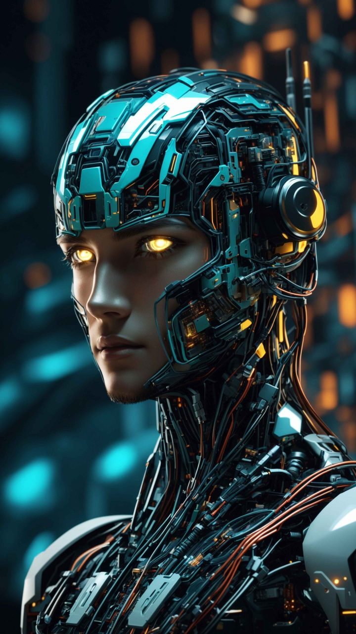 AI glowing robot eyes wallpaper 4K featuring a futuristic machine with intense illuminated eyes, perfect for tech and sci-fi themes