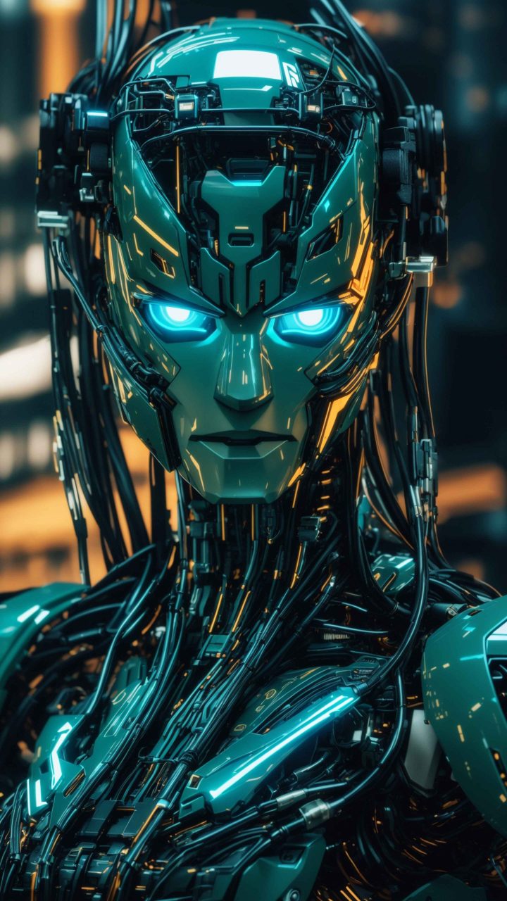 AI green glowing robot wallpaper 4K with futuristic design and vibrant illuminated eyes, perfect for sci-fi and cyberpunk themes
