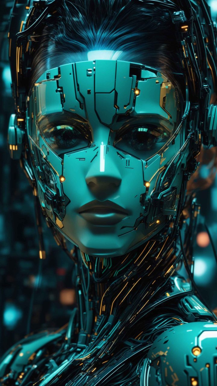 AI futuristic woman robot wallpaper 4K featuring a green-blue face and cybernetic design, perfect for sci-fi and tech-inspired themes