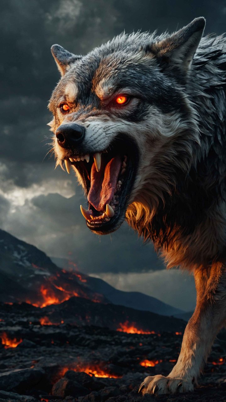 Fierce wolf with glowing red eyes in darkness